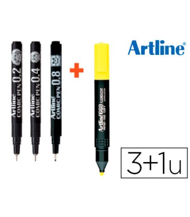 Rotulador artline comic pen calibrado micrometrico negro bolsa de 3 uds 02 04 08 fluorescente 660