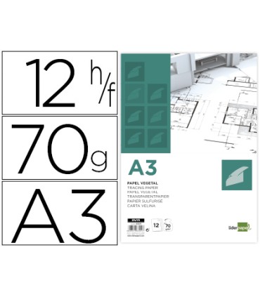 Papel dibujo liderpapel a3 297x420mm 70g m2 vegetal sobre de 12 hojas