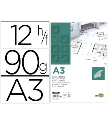 Papel dibujo liderpapel a3 297x420mm 90g m2 vegetal sobre de 12 hojas