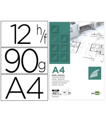 Papel dibujo liderpapel a4 210x297mm 90g m2 vegetal sobre de 12 hojas