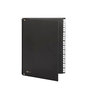 Carpeta clasificadora fuelle pardo carton compacto folio 12 departamentos visor doble personalizables color negro