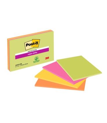 Bloc de notas adhesivas quita y pon post it super sticky 152x101 mm con 45 hojas pack de 4 unidades colores neon