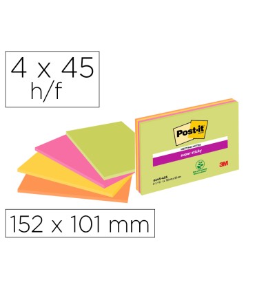 Bloc de notas adhesivas quita y pon post it super sticky 152x101 mm con 45 hojas pack de 4 unidades colores neon