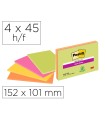 Bloc de notas adhesivas quita y pon post-it super sticky 152x101 mm con 45 hojas pack de 4 unidades colores neon