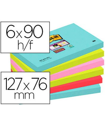 Bloc de notas adhesivas quita y pon post it super sticky 76x127 mm con 90 hojas pack de 6 unidades colores miami