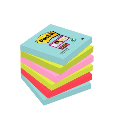 Bloc de notas adhesivas quita y pon post it super sticky 76x76 mm con 90 hojas pack de 6 unidades colores miami