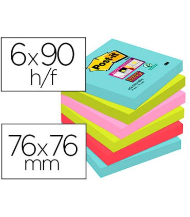 Bloc de notas adhesivas quita y pon post it super sticky 76x76 mm con 90 hojas pack de 6 unidades colores miami