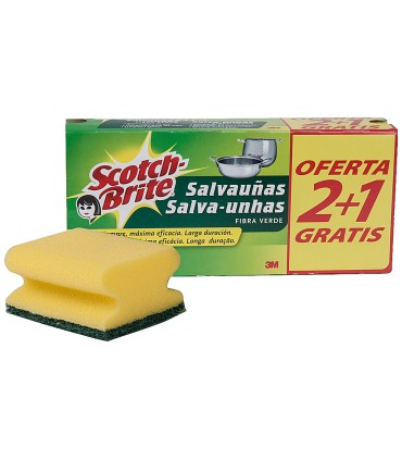 Estropajo salvaunas scotch brite fibra verde paquete 3x2