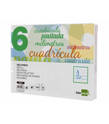 Recambio liderpapel cuarto apaisado pautaguia 100 hojas 75 g cuadriculado pautado 6 mm con margen 2 taladros