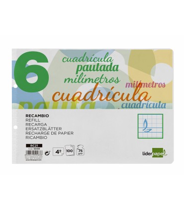 Recambio liderpapel cuarto apaisado pautaguia 100 hojas 75 g cuadriculado pautado 6 mm con margen 2 taladros