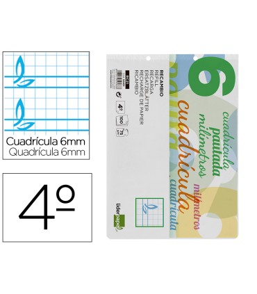 Recambio liderpapel cuarto apaisado pautaguia 100 hojas 75 g cuadriculado pautado 6 mm con margen 2 taladros