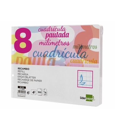 Recambio liderpapel cuarto apaisado pautaguia 100 hojas 75 g cuadriculado pautado 8 mm con margen 2 taladros