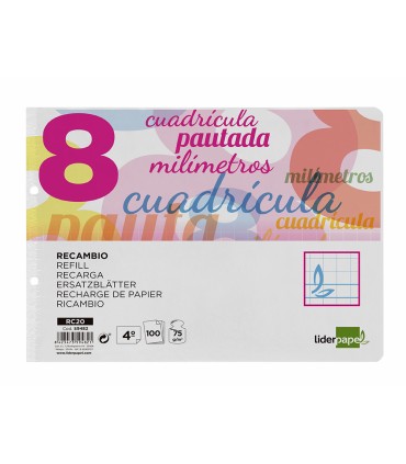 Recambio liderpapel cuarto apaisado pautaguia 100 hojas 75 g cuadriculado pautado 8 mm con margen 2 taladros