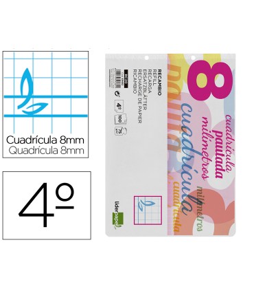 Recambio liderpapel cuarto apaisado pautaguia 100 hojas 75 g cuadriculado pautado 8 mm con margen 2 taladros