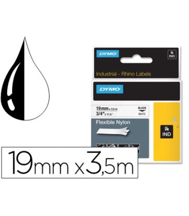 Cinta dymo rhino nylon flexible blanco negro 19mmx 35 mt tape label