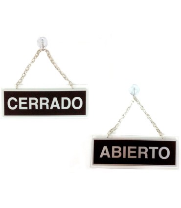 Letrero metalico serigrafiado abierto y cerrado con cadena y ventosa para colgar de 74x232 mm