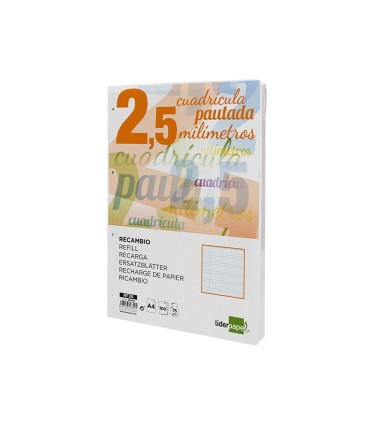 Recambio liderpapel a4 pautaguia 100 hojas 75 g m2 cuadriculado pautado 25 mm con margen 4 taladros