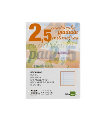 Recambio liderpapel a4 pautaguia 100 hojas 75 g m2 cuadriculado pautado 25 mm con margen 4 taladros