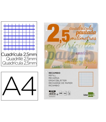 Recambio liderpapel a4 pautaguia 100 hojas 75 g m2 cuadriculado pautado 25 mm con margen 4 taladros