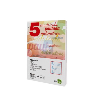 Recambio liderpapel a4 pautaguia 100 hojas 75 g cuadriculado pautado 5 mm con margen 4 taladros