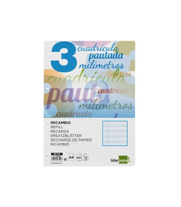 Recambio liderpapel a4 pautaguia 100 hojas 75 g cuadriculado pautado 3 mm con margen 4 taladros