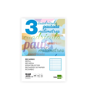 Recambio liderpapel a4 pautaguia 100 hojas 75 g cuadriculado pautado 3 mm con margen 4 taladros