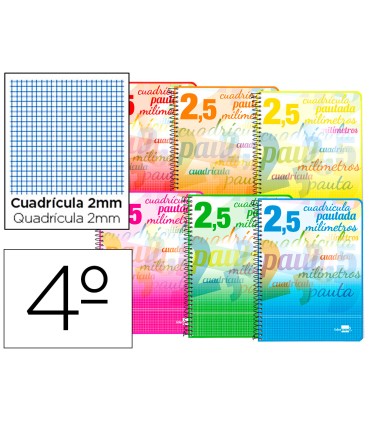 Cuaderno espiral liderpapel cuarto pautaguia tapa blanda 40h 75 gr cuadro pautado 25mmcon margen colores surtidos