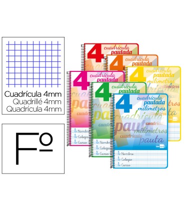 Cuaderno espiral liderpapel folio pautaguia tapa dura 80h 75 gr cuadro pautado 4mmcon margen colores surtidos