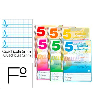 Cuaderno espiral liderpapel folio pautaguia tapa blanda 80h 75 gr cuadro pautado 5mm con margen colores surtidos