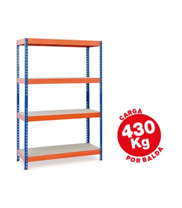 Estanteria metalica ar storage 200x100x60cm 4 estantes 430kg por estante bandejas de maderasin tornillos azul naranja