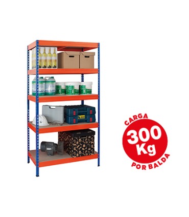 Estanteria metalica ar storage 192x100x50cm 5 estantes 300kg por estante bandejas de madera sin tornillos azul naranja