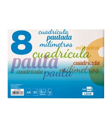 Libreta liderpapel pautaguia tapa cartoncillo 32 hojas din a5 cuadriculado pautado 8mm apaisada 70 gr