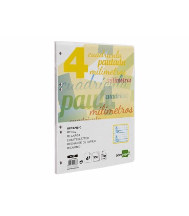 Recambio liderpapel cuarto pautaguia 100 hojas 75 g cuadriculado pautado 4 mm con margen 6 taladros