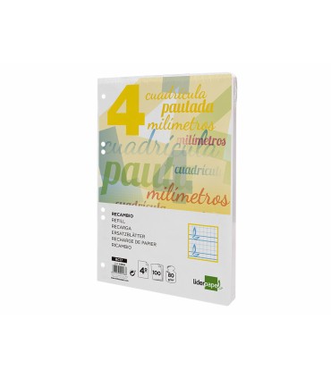 Recambio liderpapel cuarto pautaguia 100 hojas 75 g cuadriculado pautado 4 mm con margen 6 taladros