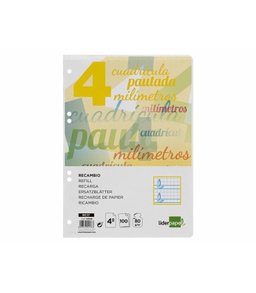 Recambio liderpapel cuarto pautaguia 100 hojas 75 g cuadriculado pautado 4 mm con margen 6 taladros