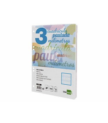 Recambio liderpapel cuarto pautaguia 100 hojas 75 g cuadriculado pautado 3 mm con margen 6 taladros