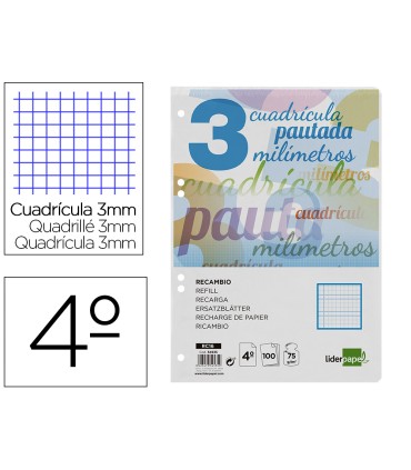 Recambio liderpapel cuarto pautaguia 100 hojas 75 g cuadriculado pautado 3 mm con margen 6 taladros