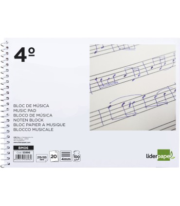 Bloc musica liderpapel pentagrama 4mm cuarto 20 hojas 100g m2