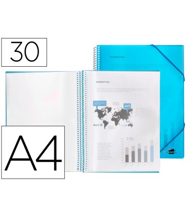 Carpeta liderpapel escaparate con espiral 30 fundas polipropileno din a4 azul