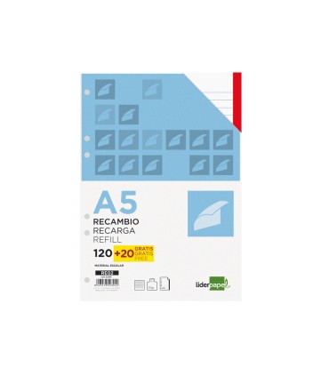 Recambio liderpapel a5 120 hojas 80g m2 horizontal sin margen 6 taladros bandas de 5 colores