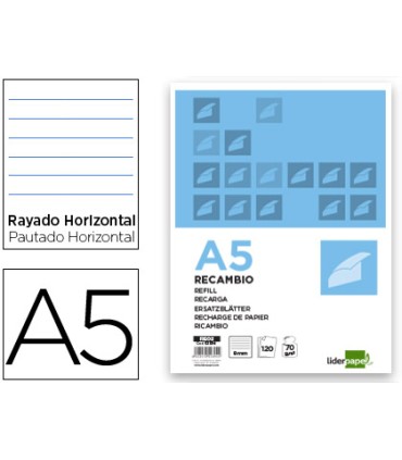 Recambio liderpapel a5 120 hojas 80g m2 horizontal sin margen 6 taladros bandas de 5 colores