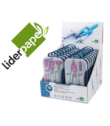 Compas liderpapel con adapatador alargadera y mango extra soft expositor de 16 estuches 2 modelos