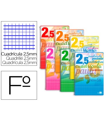 Cuaderno espiral liderpapel folio pautaguia tapa blanda 80h 75 gr cuadro pautado 25mm con margen colores surtidos