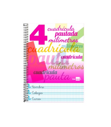 Cuaderno espiral liderpapel folio pautaguia tapa blanda 80h 75 gr cuadro pautado 4mm colores surtidos