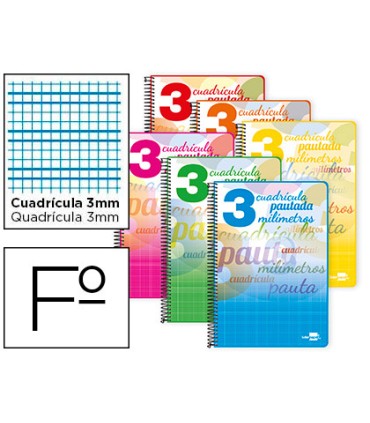 Cuaderno espiral liderpapel folio pautaguia tapa blanda 80h 75 gr cuadro pautado 3mm con margen colores surtidos