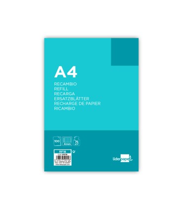 Recambio liderpapel a4 100 hojas 75g m2 cuadro 4mm con margen 4 taladros