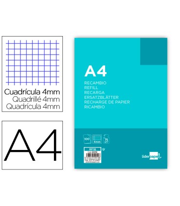 Recambio liderpapel a4 100 hojas 75g m2 cuadro 4mm con margen 4 taladros