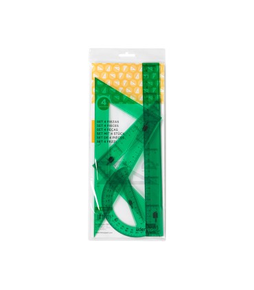 Juego escuadra cartabon regla 30 cm y semicirculo en petaca liderpapel verde