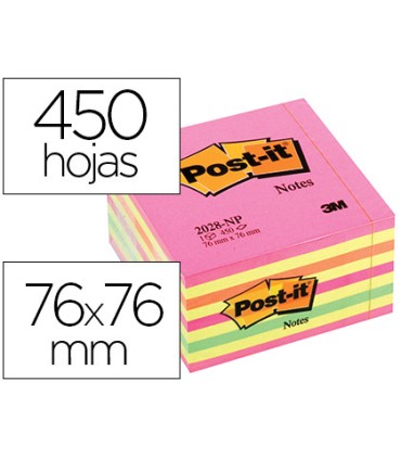 Bloc de notas adhesivas quita y pon post it 76x76 mm cubo color rosa neon 450 hojas