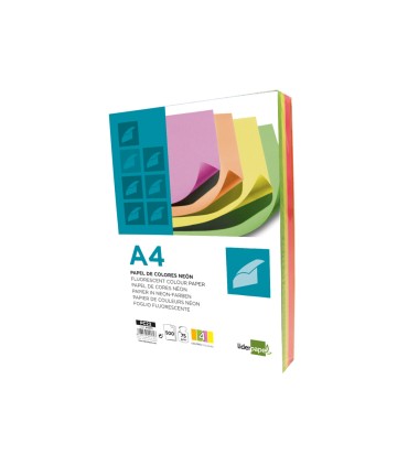 Papel color liderpapel a4 75gr neon 4 colores surtidos paquete de 500 hojas